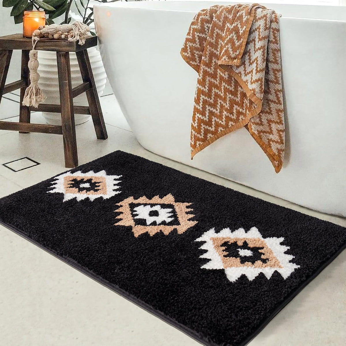 DEXDE Black Bathroom Rugs 20x32 Aztec Boho Long Western Plush Bath Mats
