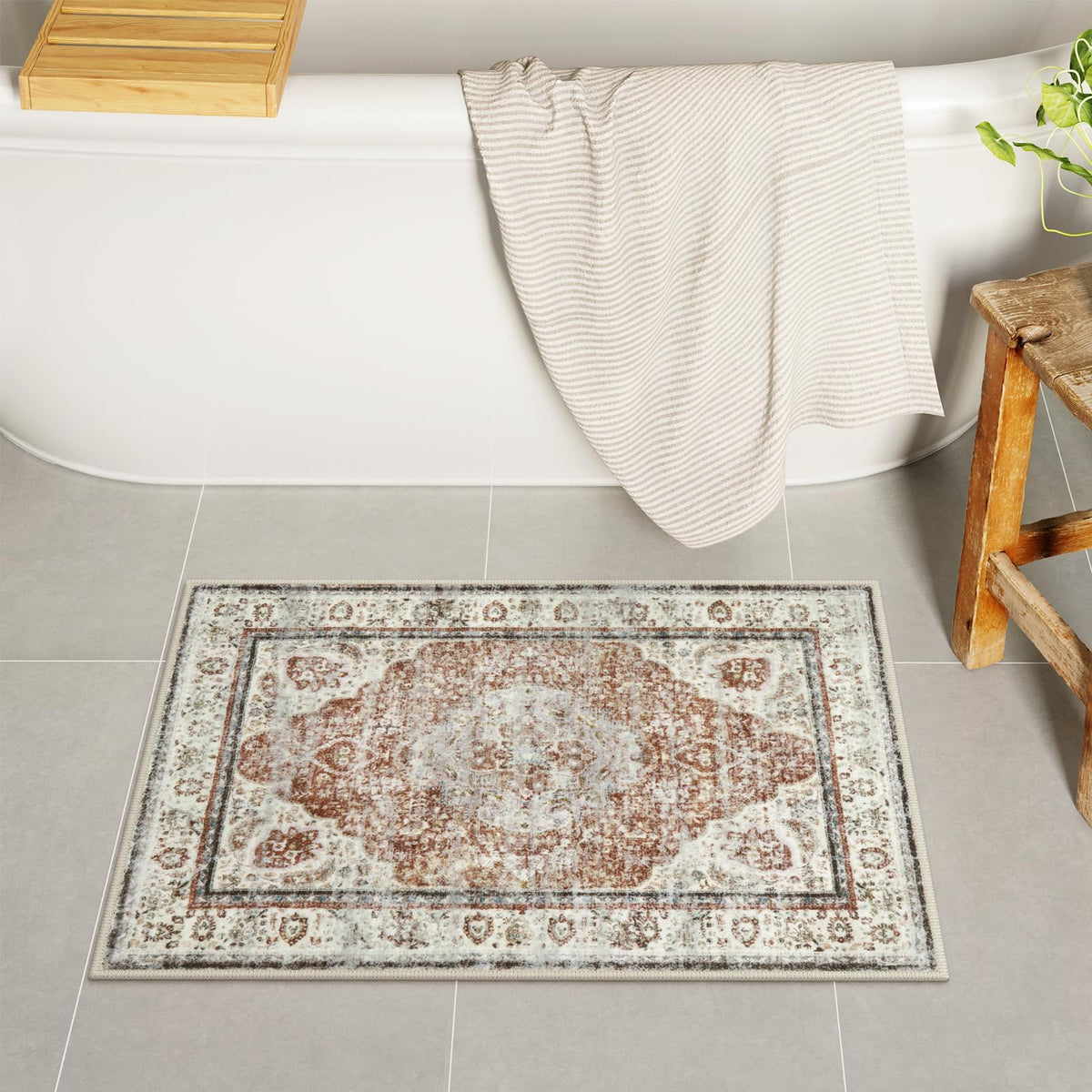 Uphome Boho Small Bath Mat, Distressed Farmhouse Light Khaki Bath Rugs, Comfy Velvet Bathroom Rugs Non Slip Washable, Vintage Oriental Toilet Rug for Sink Shower Vanity, 18x26 inch