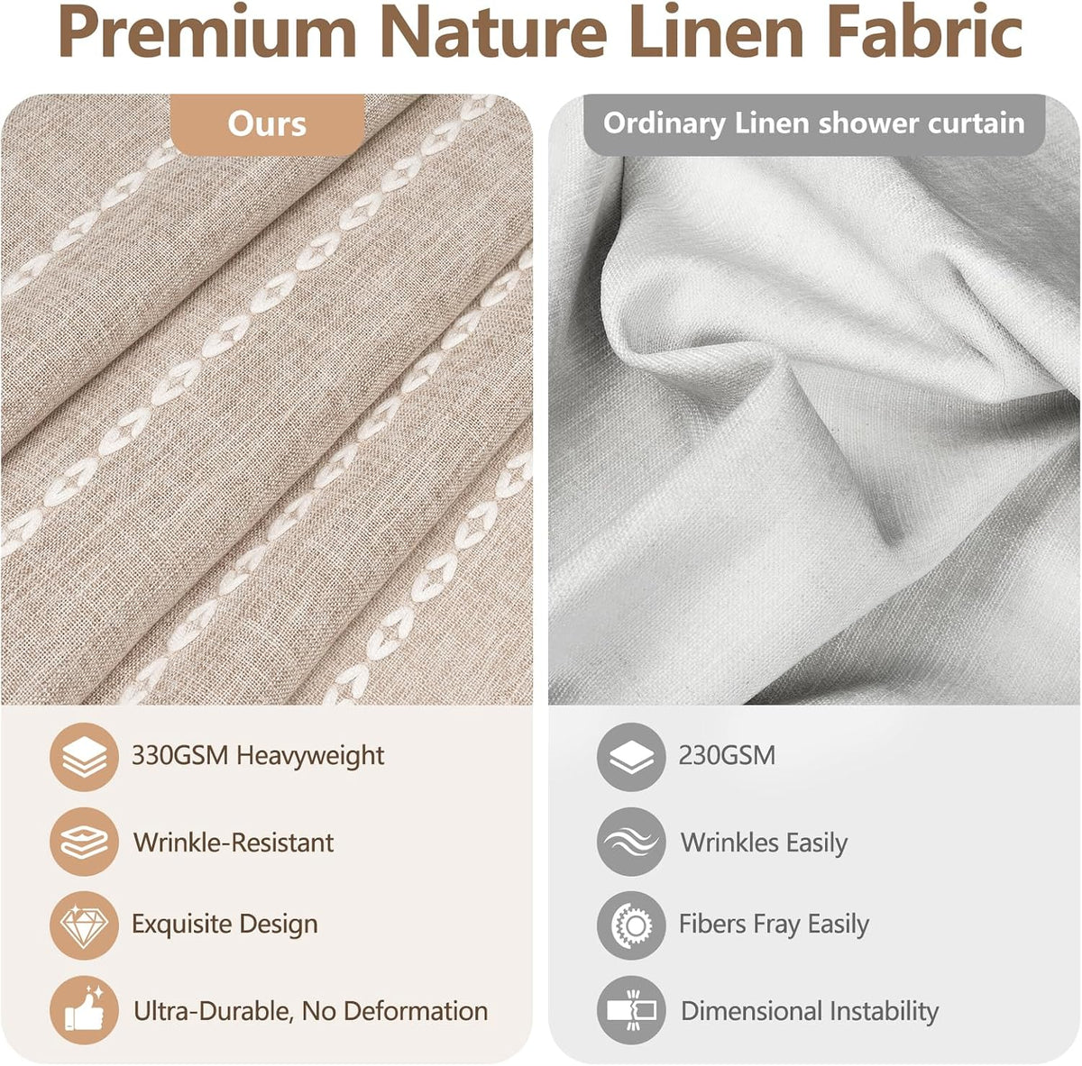Seenus Boho Farmhouse Linen Shower Curtain with Tassels, Tan Brown Heavyweight Soft Fabric Shower Curtain Striped, 72 x 72 Inch Taupe Water Repellent Rustic Country Bathroom Curtain Wrinkle-Free