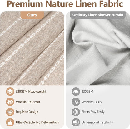 Seenus Boho Farmhouse Linen Shower Curtain with Tassels, Tan Brown Heavyweight Soft Fabric Shower Curtain Striped, 72 x 72 Inch Taupe Water Repellent Rustic Country Bathroom Curtain Wrinkle-Free