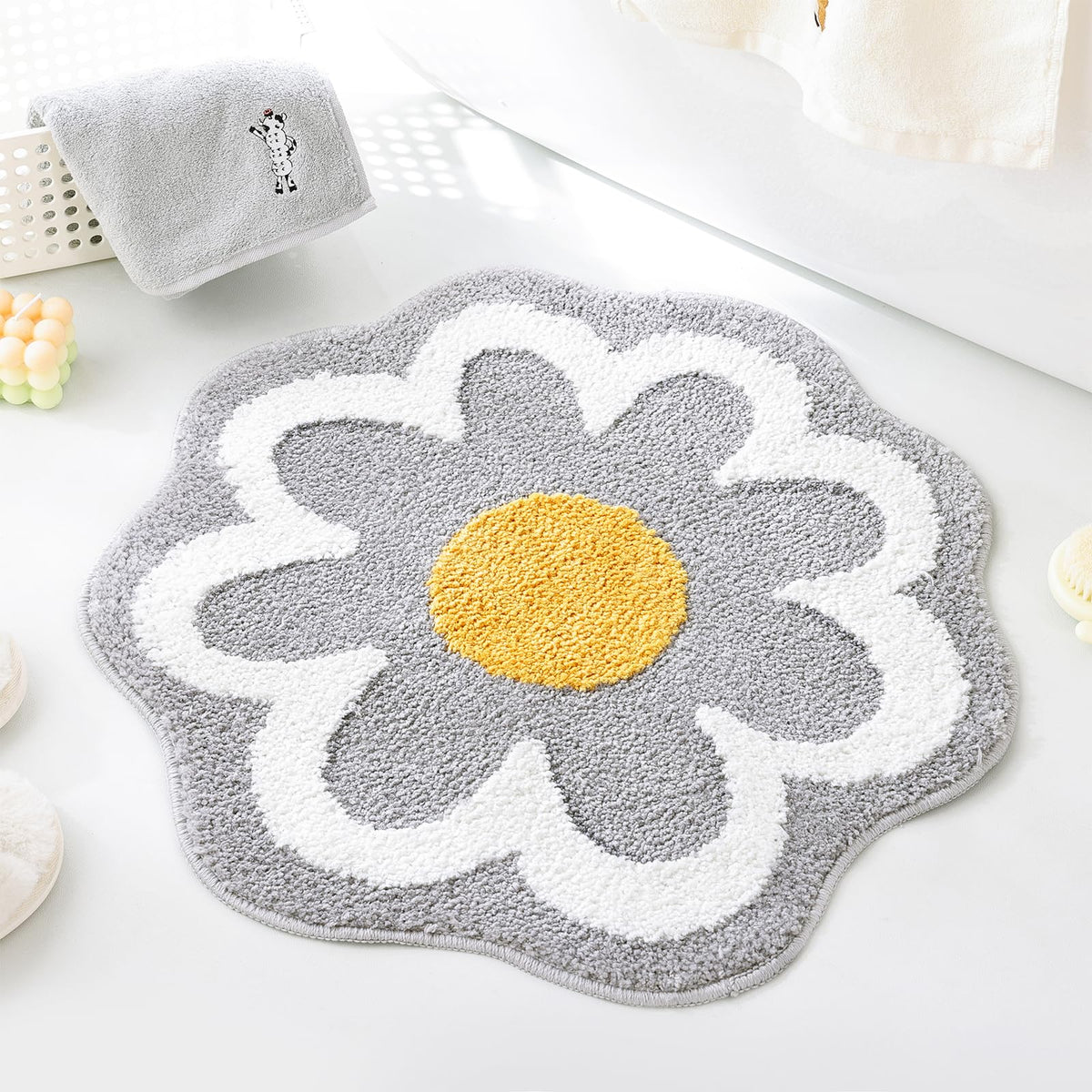 TRUEDAYS Flower Bathroom Rug, Round Non-Slip Bath Mat, 23.6"x23.6", Pink