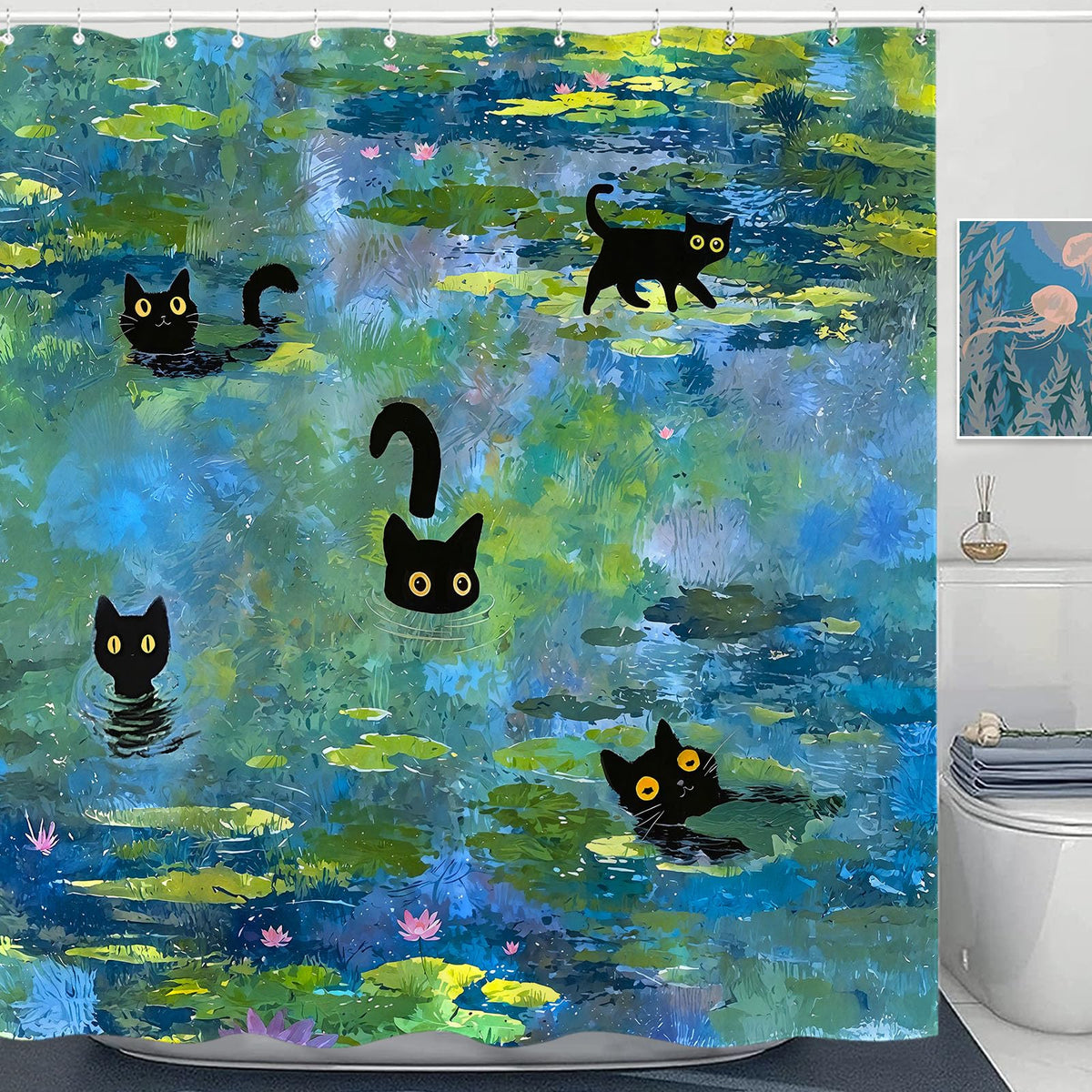 Accnicc Cute Cat Shower Curtain Funny Fun Cool Cats Monet Shower Curtains for Bathroom Water Lilies Waterproof Fabric Bath Curtain Decor 72 X 72 Inch