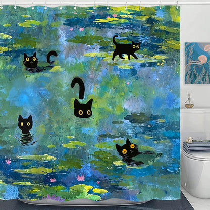Accnicc Cute Cat Shower Curtain Funny Fun Cool Cats Monet Shower Curtains for Bathroom Water Lilies Waterproof Fabric Bath Curtain Decor 72 X 72 Inch