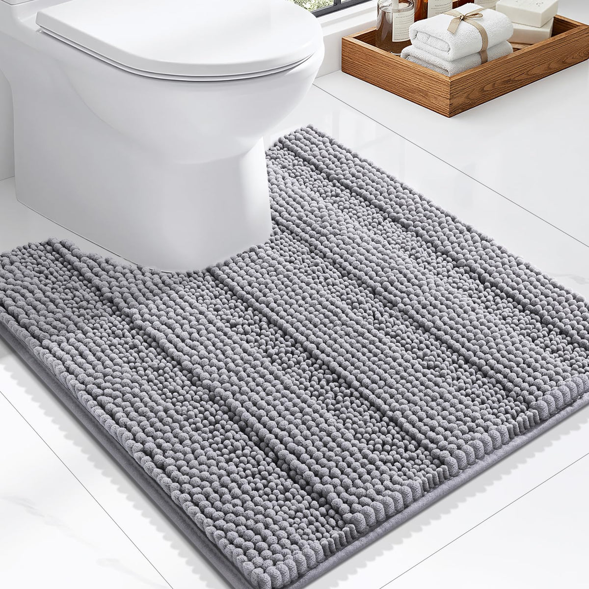 Grandaily Chenille Striped Bathroom Rugs 36x24, Extra Thick and Absorbent Bath Mats, Non-Slip Soft Plush Shaggy Shower Carpet, Machine Wash Dry, Bath Rug for Bathroom, (Large, Light Grey)