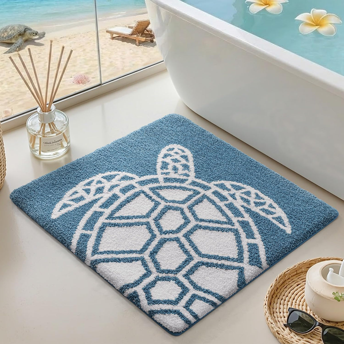 DEXI Floral Bathroom Rugs Non Slip Washable, Square Bath Mat 24x24, Beige