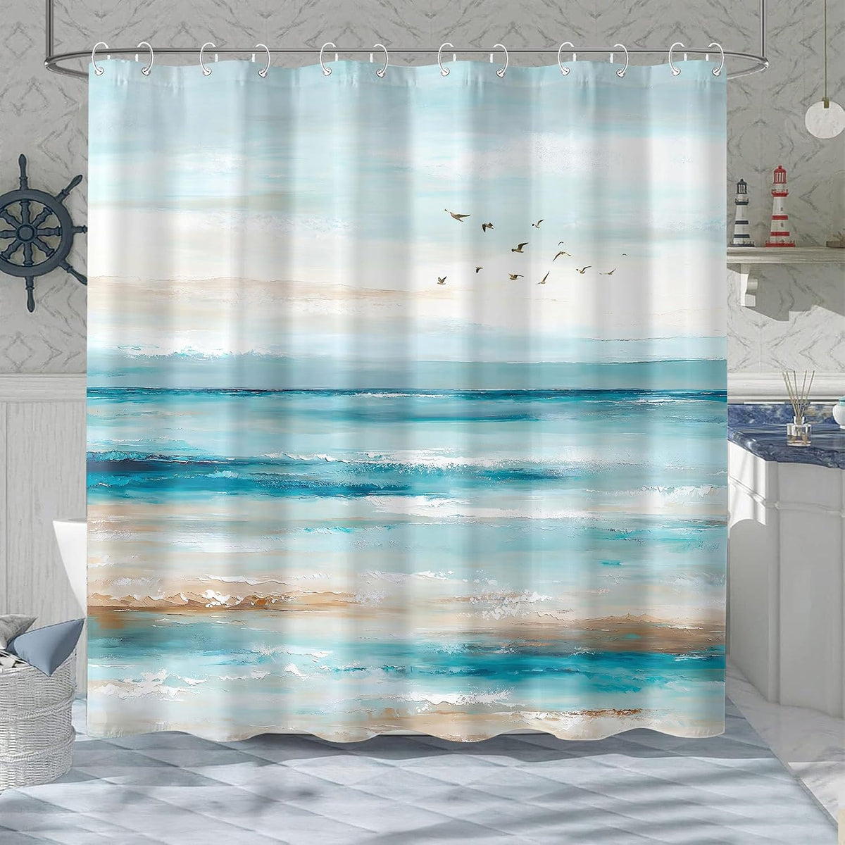 Accnicc Abstract Beach Shower Curtain Ocean Art Oil Painting Shower Curtains for Bathroom Teal Blue Coastal Seagull Waterproof Fabric Bath Curtain Decor 72 X 72 Inches