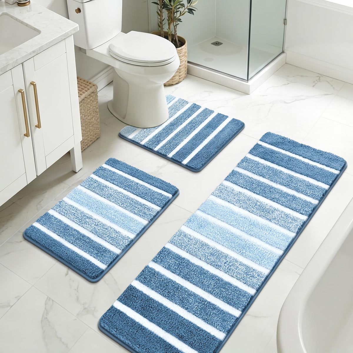 Yamaziot Sage Green Bathroom Rug Set 5 Piece Washable Non Slip Striped Mat