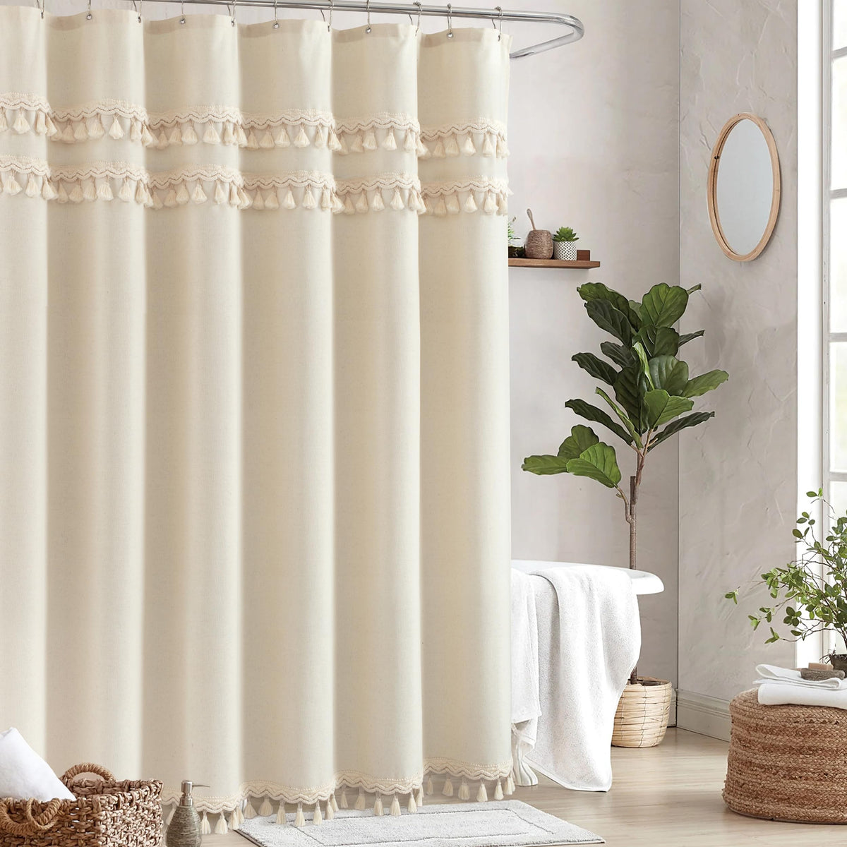 Linen Shower Curtain Boho Beige Shower Curtain with Tassels 72"W x 84"L