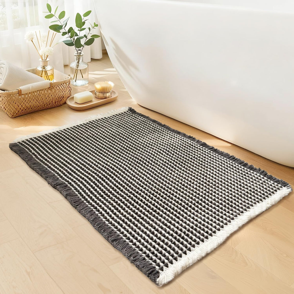 Waffle Bath Mat, Boho Bathroom Rugs Non Slip Washable, 18" x 30"