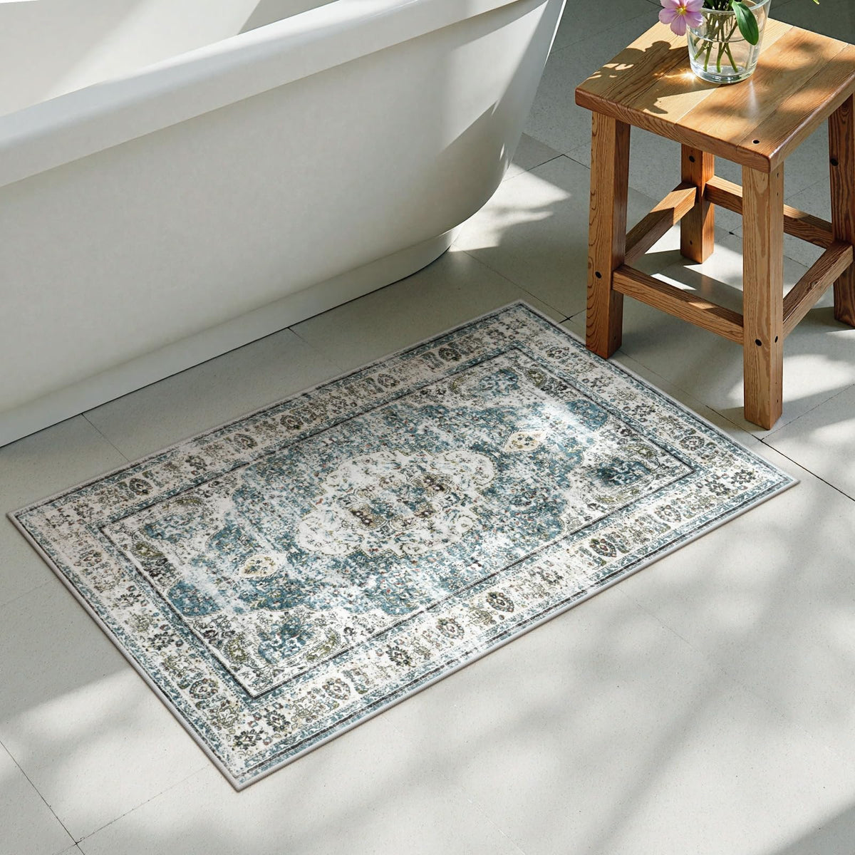 Uphome Boho Small Bath Mat, Distressed Farmhouse Light Khaki Bath Rugs, Comfy Velvet Bathroom Rugs Non Slip Washable, Vintage Oriental Toilet Rug for Sink Shower Vanity, 18x26 inch