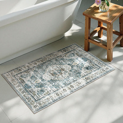 Uphome Boho Small Bath Mat, Distressed Farmhouse Light Khaki Bath Rugs, Comfy Velvet Bathroom Rugs Non Slip Washable, Vintage Oriental Toilet Rug for Sink Shower Vanity, 18x26 inch