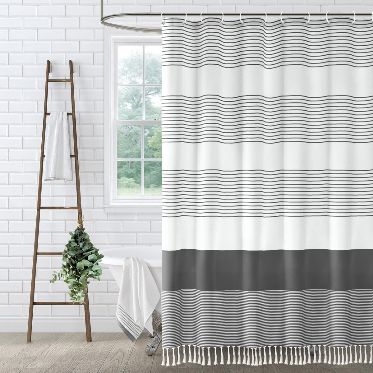 Sage Green Boho Cotton Striped Shower Curtain with Tassel 72"W X 72"L