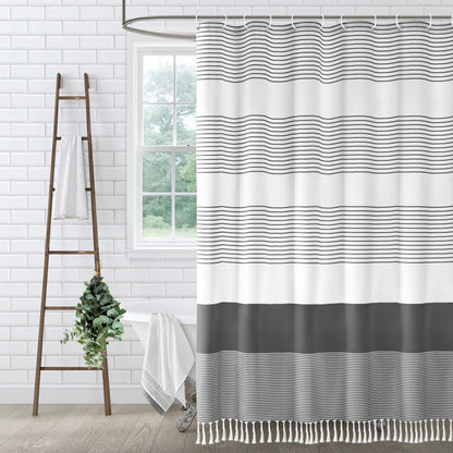 Sage Green Boho Cotton Striped Shower Curtain with Tassel 72"W X 72"L