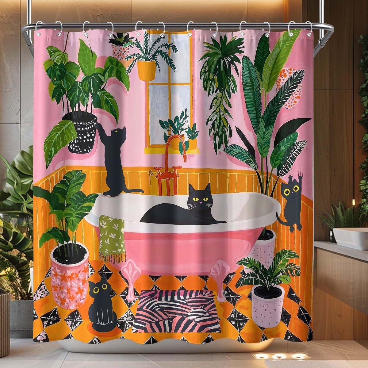 Funny Cat Shower Curtain Boho Cute Fun Black Cats Matisse Shower Curtains for Bathroom Kitten Green Tropical Plant Leaves Pink Orange Yellow Waterproof Fabric Bath Curtain Decor 72 X 72 Inches