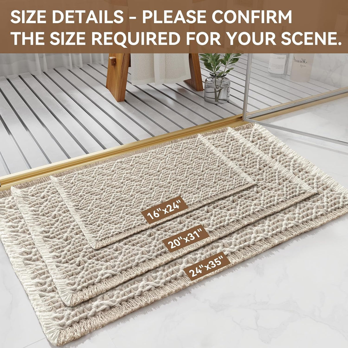 Waffle Bath Mat, Extra Soft Boho Bathroom Rugs, 16x24 Brown