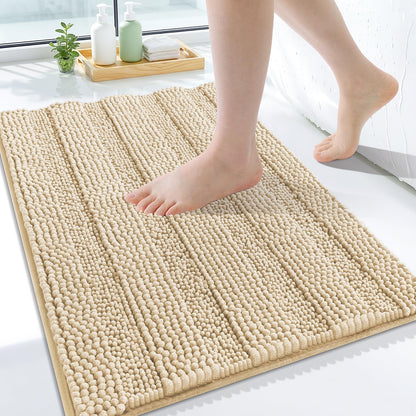 Grandaily Chenille Striped Bathroom Rugs 36x24, Extra Thick and Absorbent Bath Mats, Non-Slip Soft Plush Shaggy Shower Carpet, Machine Wash Dry, Bath Rug for Bathroom, (Large, Light Grey)