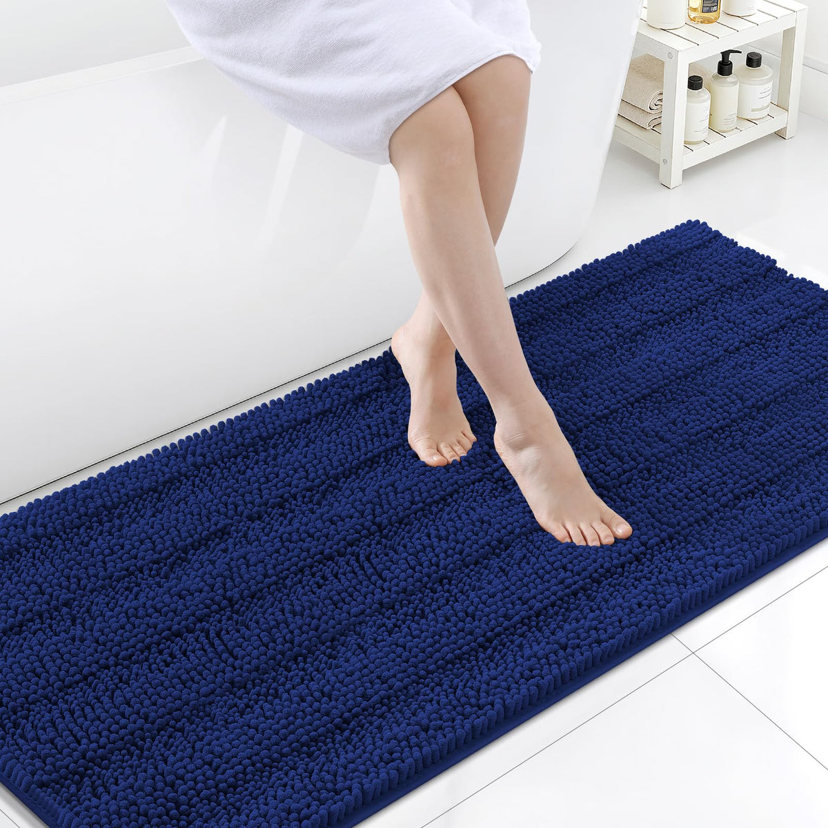 Grandaily Chenille Striped Bathroom Rugs 36x24, Extra Thick and Absorbent Bath Mats, Non-Slip Soft Plush Shaggy Shower Carpet, Machine Wash Dry, Bath Rug for Bathroom, (Large, Light Grey)