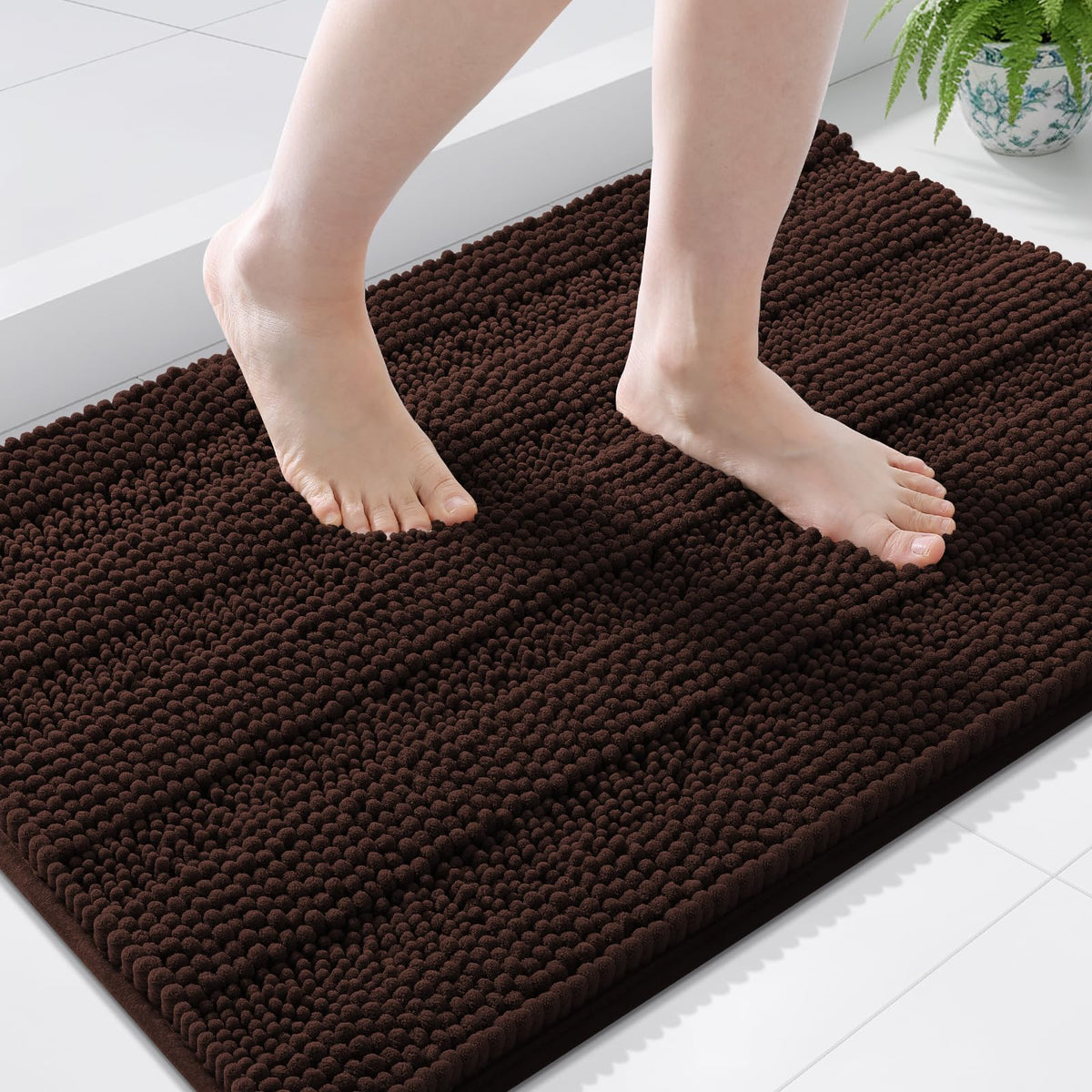 Grandaily Chenille Striped Bathroom Rugs 36x24, Extra Thick and Absorbent Bath Mats, Non-Slip Soft Plush Shaggy Shower Carpet, Machine Wash Dry, Bath Rug for Bathroom, (Large, Light Grey)