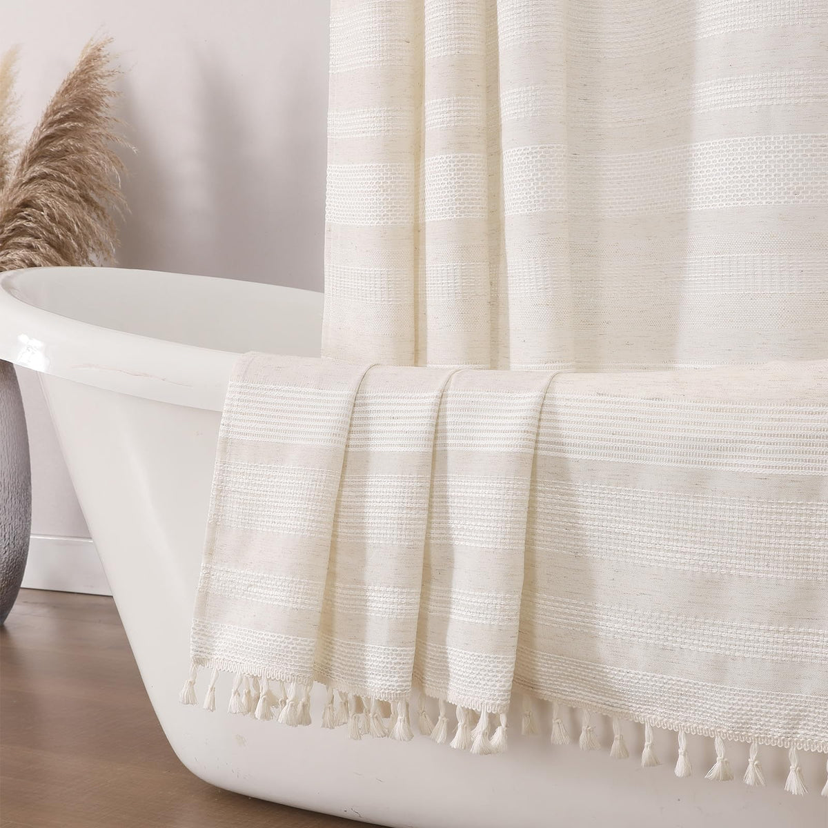 OVZME Sage Green Shower Curtain for Bathroom, Boho Linen Textured Shower Curtain with Tassel, Rustic Striped Heavy Duty Vintage Country Bathroom Curtain, 72Wx72L Inches