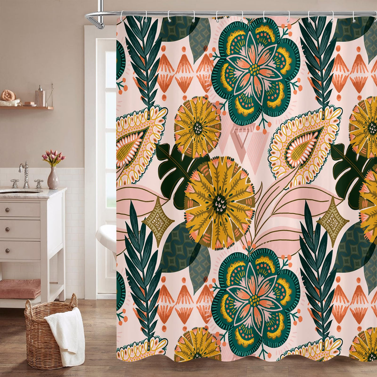 Boho Floral Shower Curtain, Vintage Botanical Fabric Curtain, 72 x 72