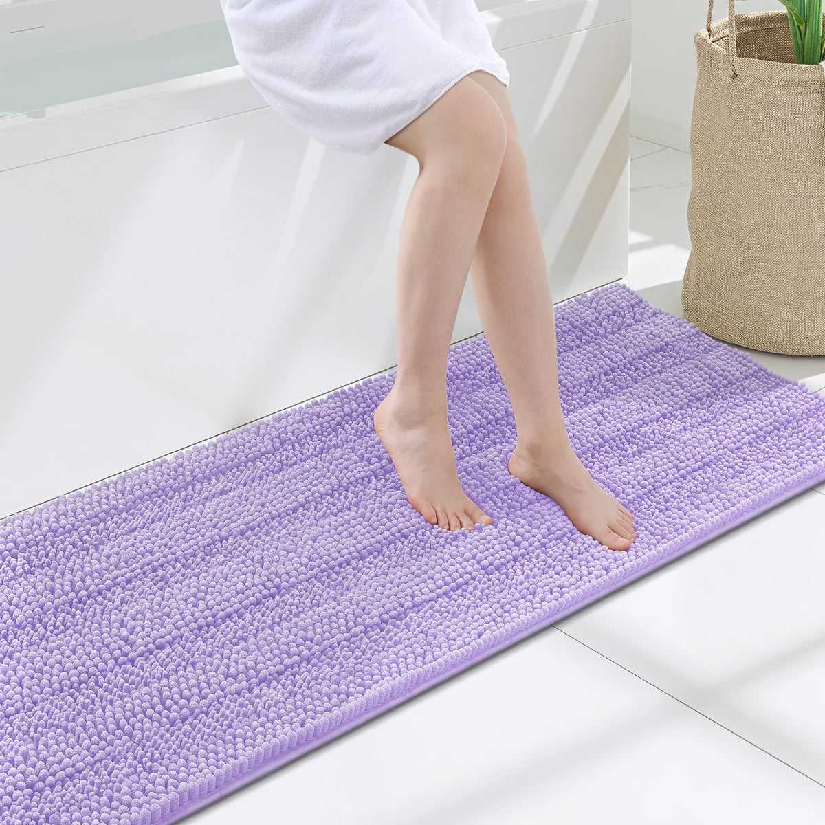 Grandaily Chenille Striped Bathroom Rugs 36x24, Extra Thick and Absorbent Bath Mats, Non-Slip Soft Plush Shaggy Shower Carpet, Machine Wash Dry, Bath Rug for Bathroom, (Large, Light Grey)