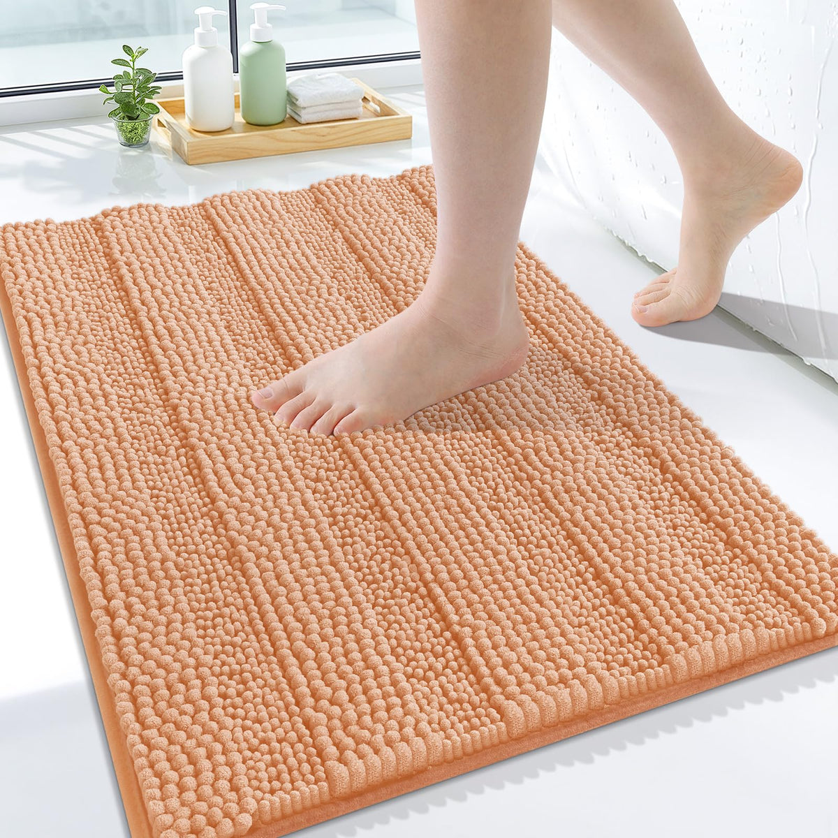Grandaily Chenille Striped Bathroom Rugs 36x24, Extra Thick and Absorbent Bath Mats, Non-Slip Soft Plush Shaggy Shower Carpet, Machine Wash Dry, Bath Rug for Bathroom, (Large, Light Grey)