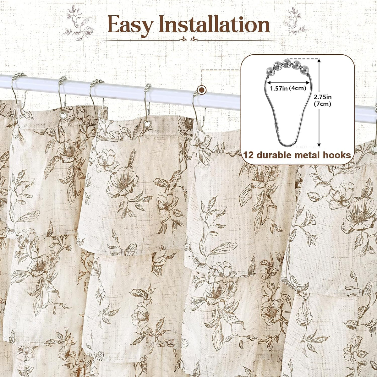 Farmhouse Floral Shower Curtain, Ruffle Bathroom Curtains, 72"Wx72"L