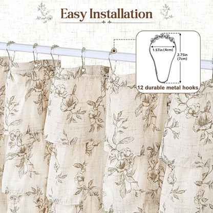 Farmhouse Floral Shower Curtain, Ruffle Bathroom Curtains, 72"Wx72"L