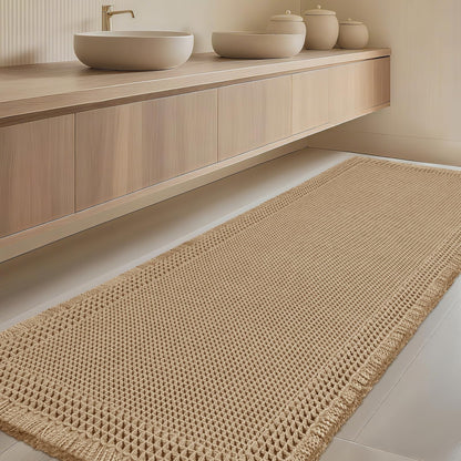 Upgrade Waffle Bath Mat Set 2 Piece, Boho Bathroom Rugs Absorbent Non Slip, Ultra Soft Bathroom Mat, Machine Washable Knit Bath Rugs with Herringbones for Bathroom, Bedroom, Kitchen, Shower, White
