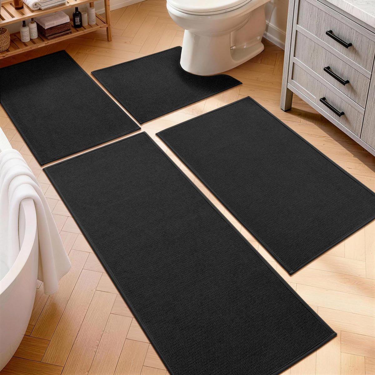 YIHOUSE Gray Bathroom Rugs Sets 3 Piece, Quick Dry Thin Bath Mat with Toilet Rug, Non Slip Absorbent Machine Washable, Bath Runner Rugs for Bathtub Sink Home Decor