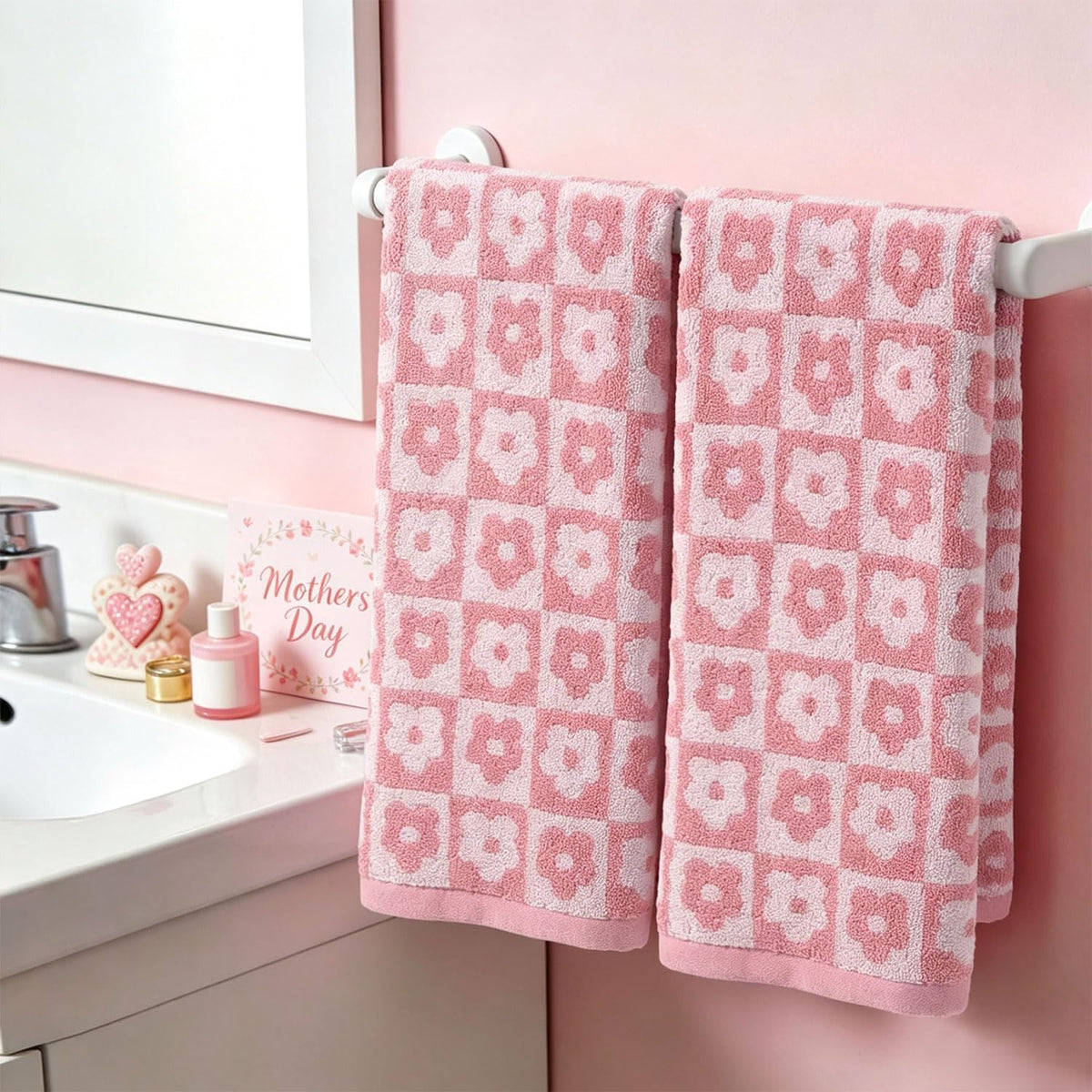Jacquotha Pink Checkered Floral Hand Towels