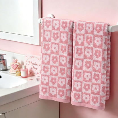 Jacquotha Pink Checkered Floral Hand Towels
