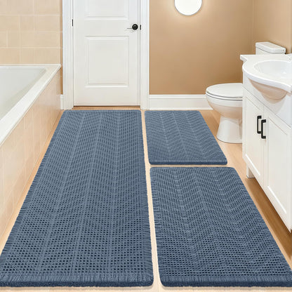 Upgrade Waffle Bath Mat Set 2 Piece, Boho Bathroom Rugs Absorbent Non Slip, Ultra Soft Bathroom Mat, Machine Washable Knit Bath Rugs with Herringbones for Bathroom, Bedroom, Kitchen, Shower, White