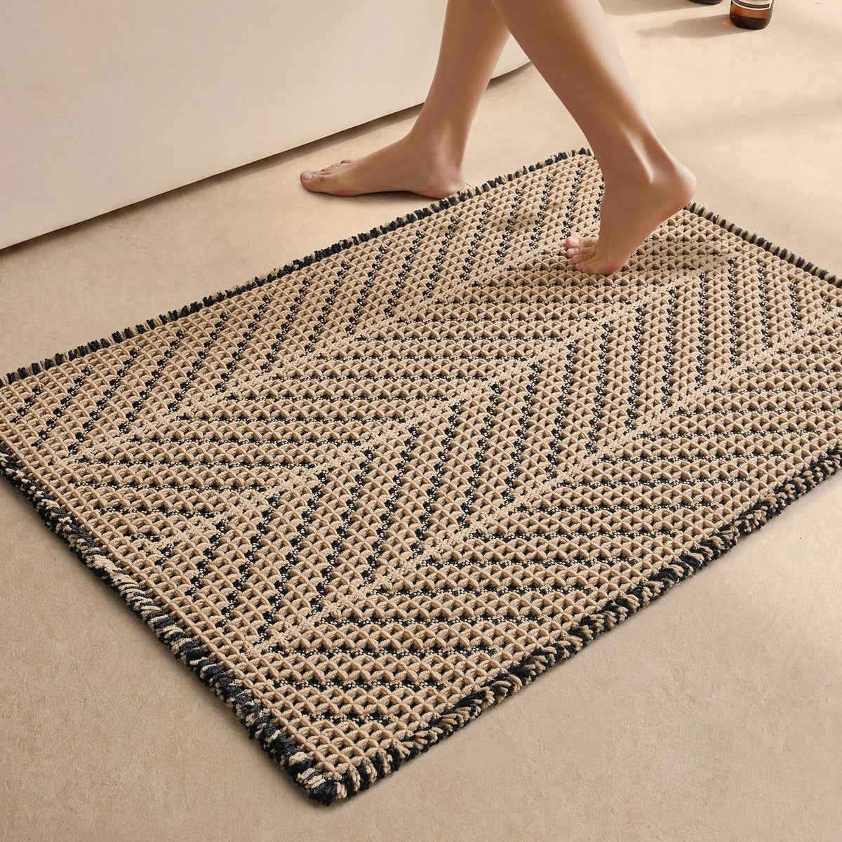 Sunfly Boho Bathroom Rug, Herringbone Waffle Bath Mat Non-Slip Washable Super Absorbent Quick Dry, Farmhouse Bath Mat for Bathroom Floor Decor 20"*30" Khaki