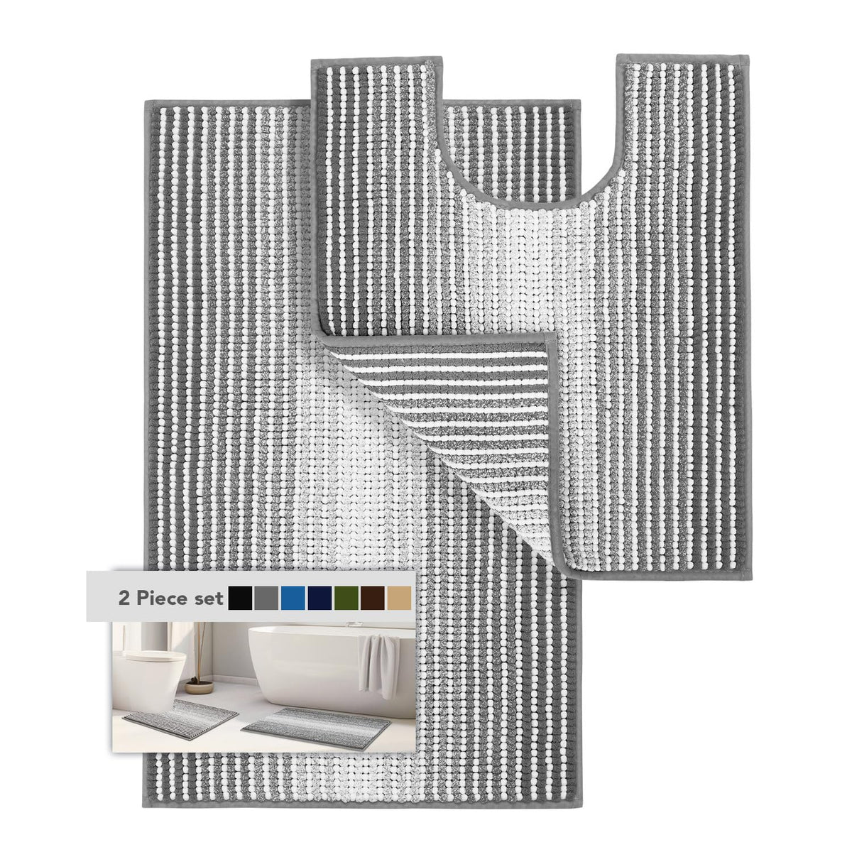 BSICPRO Bathroom Rugs Sets 2 Piece, Non Slip Striped Bath Mats, Fog Blue