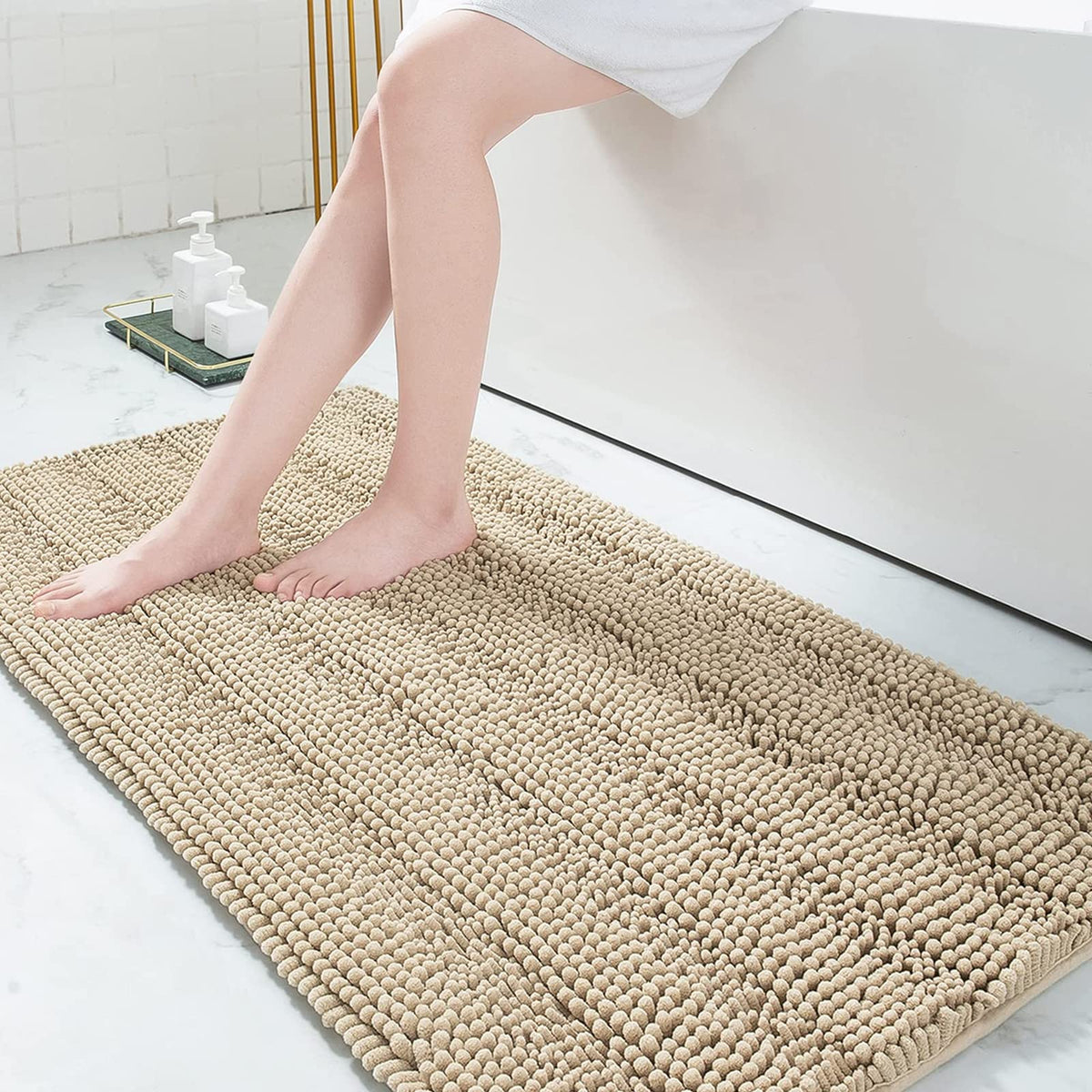 Grandaily Chenille Striped Bathroom Rugs 36x24, Extra Thick and Absorbent Bath Mats, Non-Slip Soft Plush Shaggy Shower Carpet, Machine Wash Dry, Bath Rug for Bathroom, (Large, Light Grey)