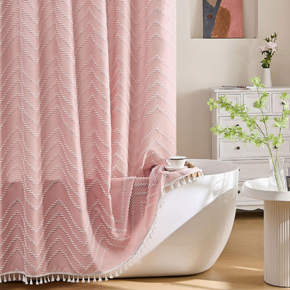Siiluminisoy White Shower Curtain Fabric Boho Shower Curtain Cloth Textured Tufted Chevron Elegant Shower Curtains Waterproof for Bathroom 72" x 72"