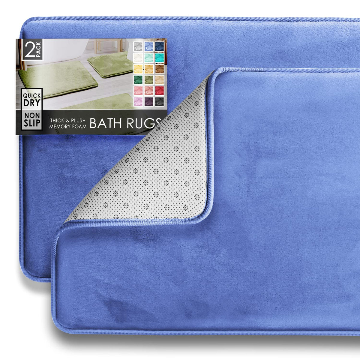 Clara Clark 3 Piece Bathroom Rugs Bath Mat Set, Velvet Memory Foam Bath Mats for Bathroom - Non-Slip, PVC Backing Bath Rugs, Washable - Dries Quickly, Green