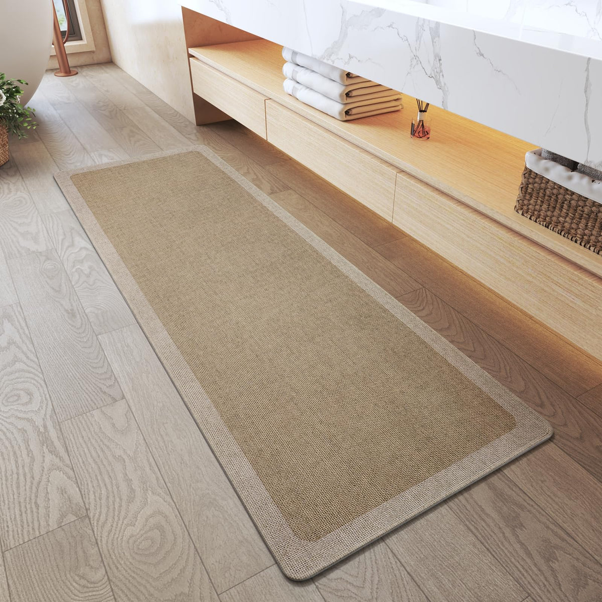YDKGL Half Circle Bath Mat, Non Slip Thin Bathroom Rugs, Brown 16x24