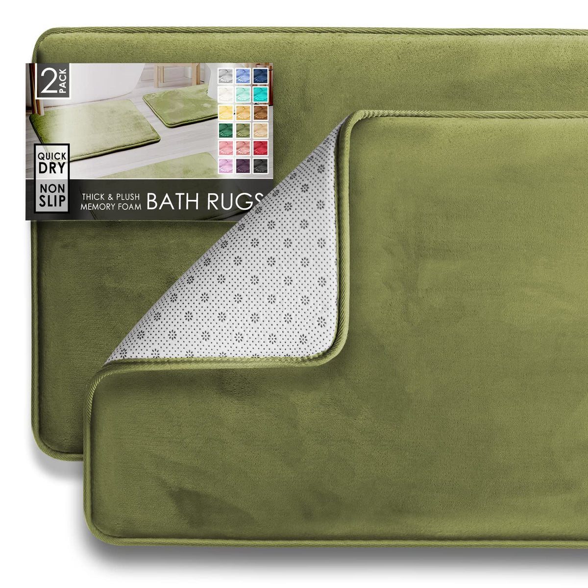 Clara Clark 3 Piece Bathroom Rugs Bath Mat Set, Velvet Memory Foam Bath Mats for Bathroom - Non-Slip, PVC Backing Bath Rugs, Washable - Dries Quickly, Green