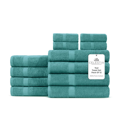 Villa Celestia 100% Cotton Bath Towel Set of 18-4 Bath Towels, 6 Hand Towels, 8 Wash Cloths, Sustainable, Soft, Highly Absorbent, Combed Cotton 18 Piece Set for Hotels, Spa, Bathroom, Dorm, Blue