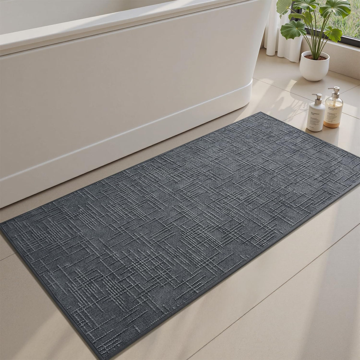 AMOAMI Bath Mat Non Slip Super Absorbent Quick Dry Bath Mats for Bathroom Floor Rubber Backing Washable Bathroom Rugs Modern Woven Jacquard Mat, Beside Tub Bath Rugs, 17" x 24", Brown