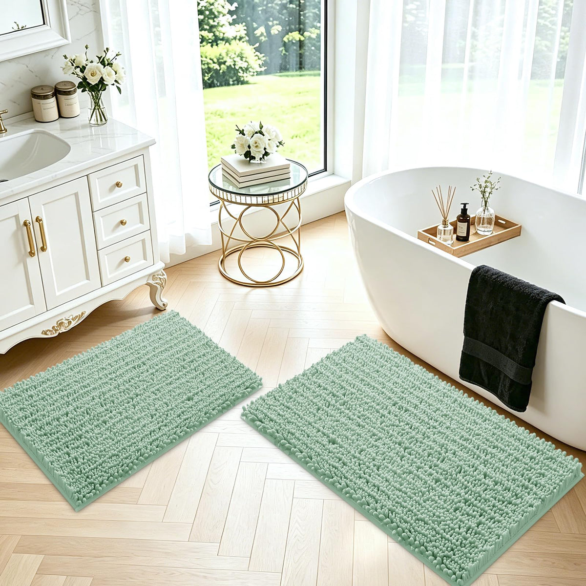 ACCUMTEK Upgrade Extra Large Black Bathroom Rug Set 3 Pieces Ultra Soft, Thick Absorbent Bath Mats, Non Slip Chenille Toilet Mat for Bathroom, Bedroom, Kitchen