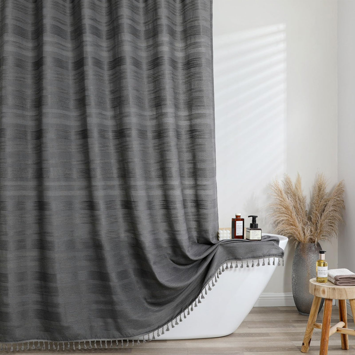 OVZME Sage Green Shower Curtain for Bathroom, Boho Linen Textured Shower Curtain with Tassel, Rustic Striped Heavy Duty Vintage Country Bathroom Curtain, 72Wx72L Inches