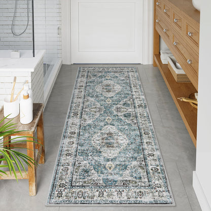 Uphome Boho Small Bath Mat, Distressed Farmhouse Light Khaki Bath Rugs, Comfy Velvet Bathroom Rugs Non Slip Washable, Vintage Oriental Toilet Rug for Sink Shower Vanity, 18x26 inch