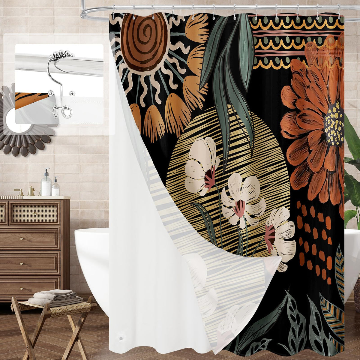 Boho Floral Shower Curtain, Vintage Botanical Fabric Curtain, 72 x 72