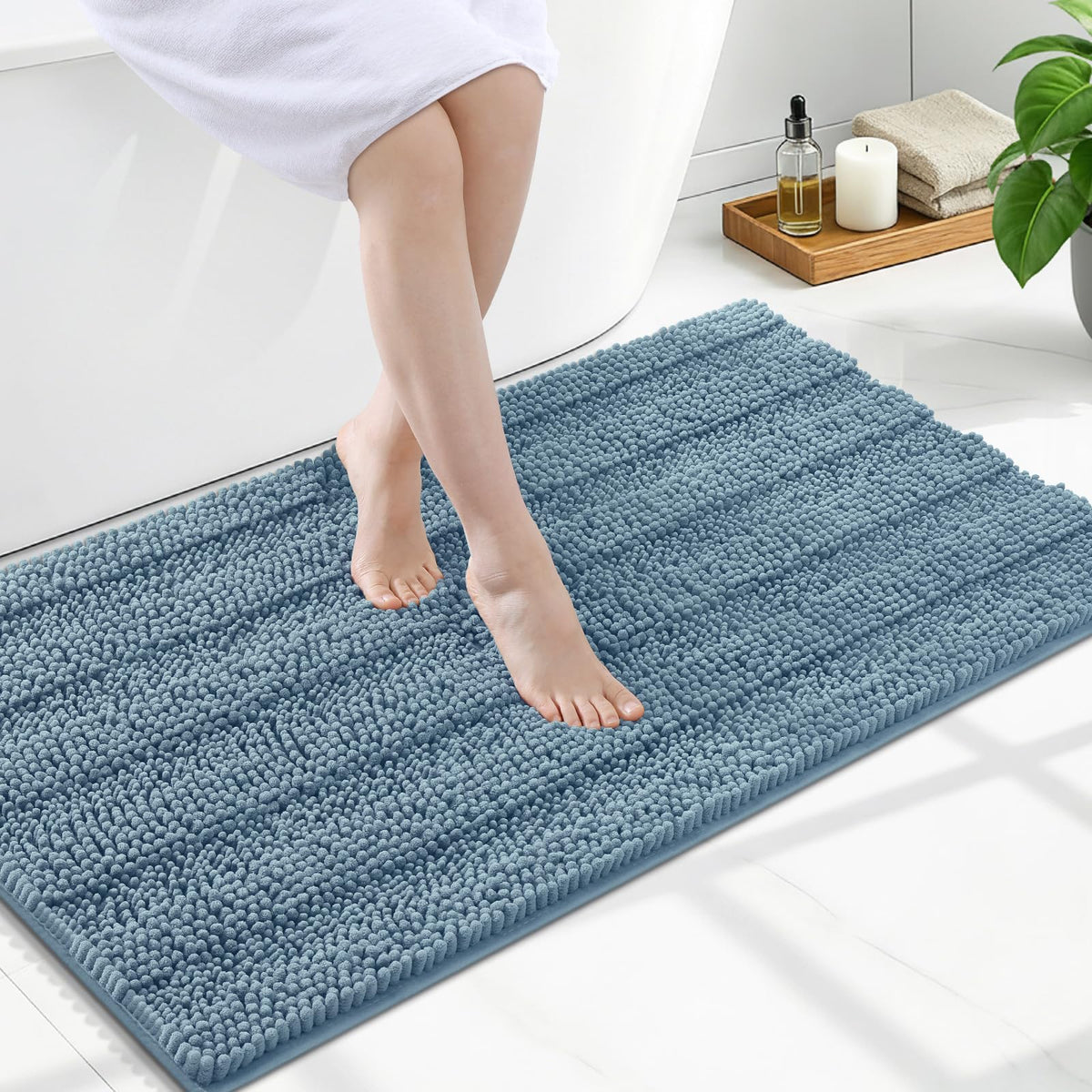 Grandaily Chenille Striped Bathroom Rugs 36x24, Extra Thick and Absorbent Bath Mats, Non-Slip Soft Plush Shaggy Shower Carpet, Machine Wash Dry, Bath Rug for Bathroom, (Large, Light Grey)