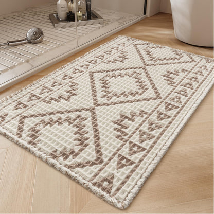 PADOOR-Waffle Bath Mat-Super Absorbent Bath Mats for Bathroom, Machine Washable Non Slip Bathroom Rug with Tassels, Soft Bathroom Mat for Laundry Room, Bedroom, Brown & Cream, 17"x28"
