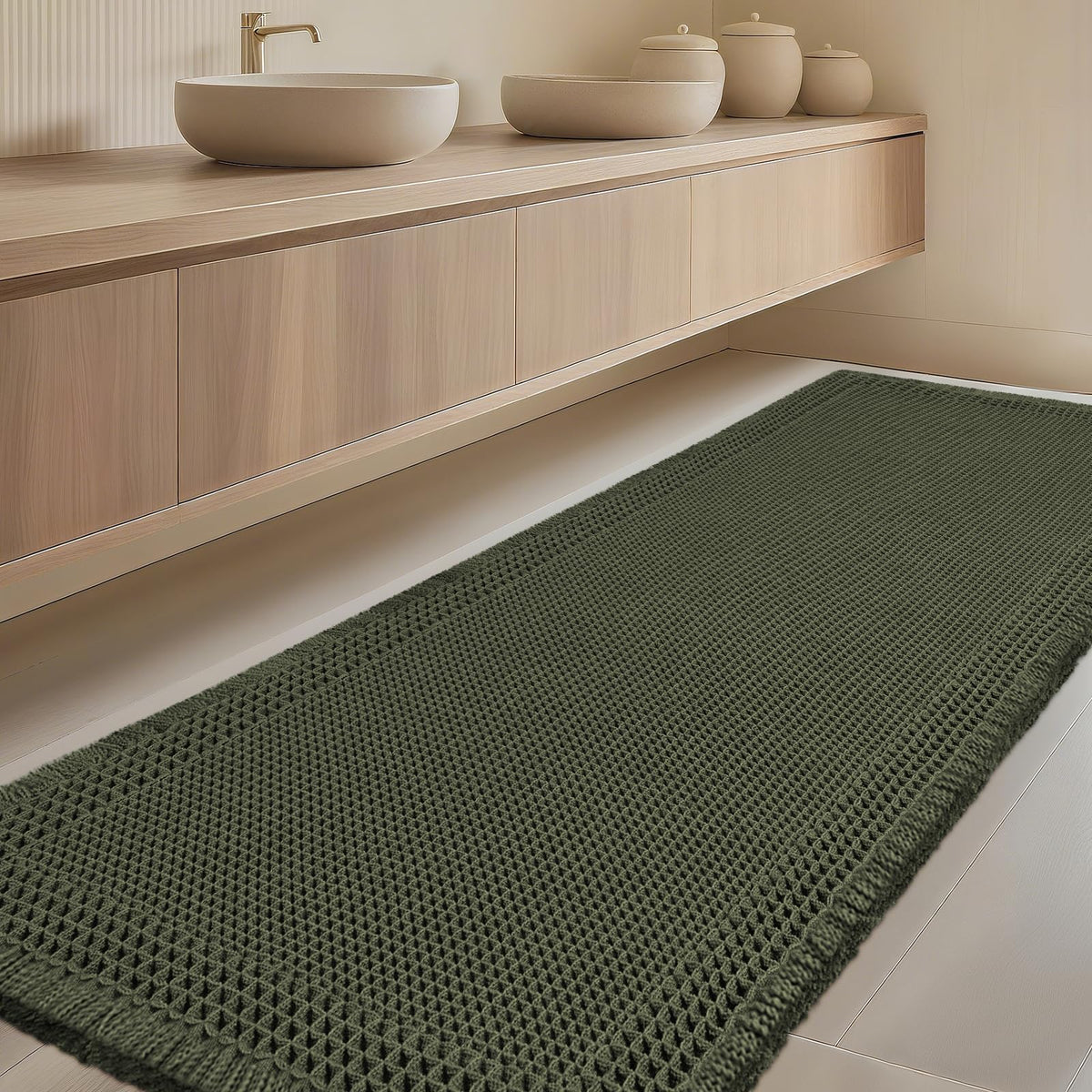 Upgrade Waffle Bath Mat Set 2 Piece, Boho Bathroom Rugs Absorbent Non Slip, Ultra Soft Bathroom Mat, Machine Washable Knit Bath Rugs with Herringbones for Bathroom, Bedroom, Kitchen, Shower, White