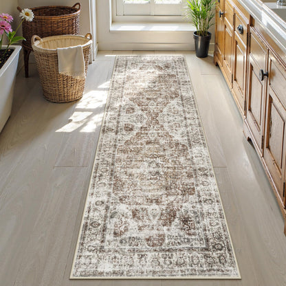 Uphome Boho Small Bath Mat, Distressed Farmhouse Light Khaki Bath Rugs, Comfy Velvet Bathroom Rugs Non Slip Washable, Vintage Oriental Toilet Rug for Sink Shower Vanity, 18x26 inch